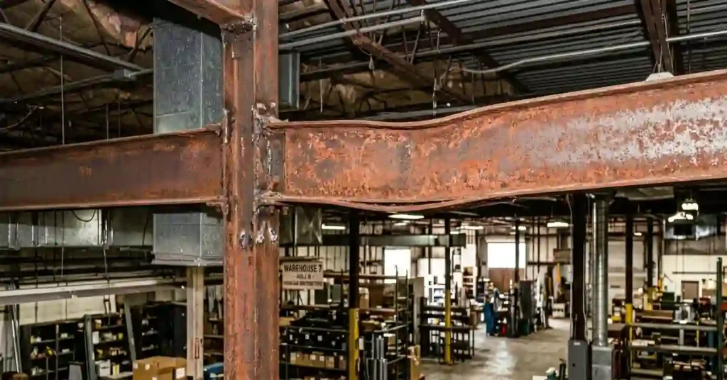 Structural I-beam showing visible rust corrosion and flange deflection inside a Houston commercial building