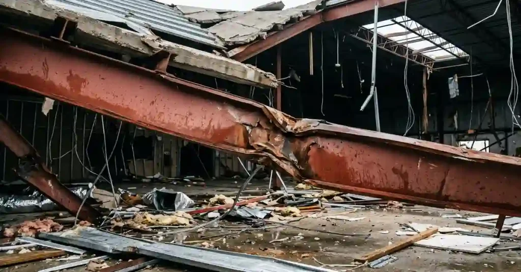 Structural steel I-beam with visible storm impact damage inside a Houston commercial building after a wind event