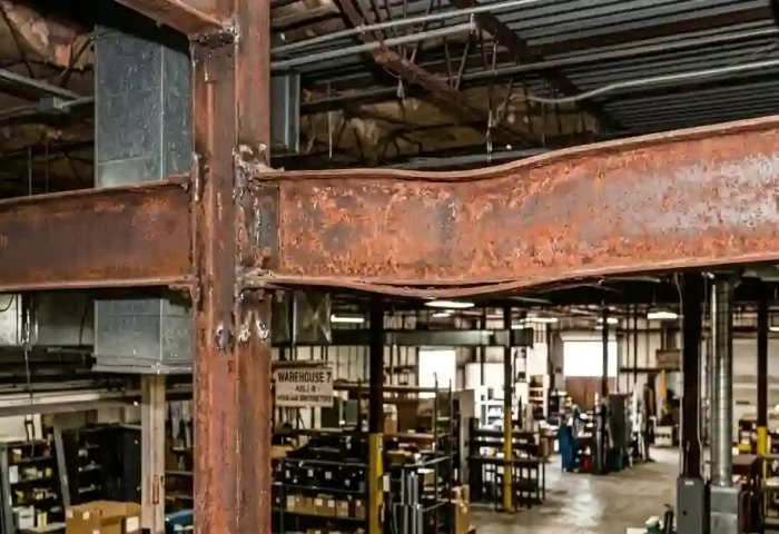 Structural I-beam showing visible rust corrosion and flange deflection inside a Houston commercial building