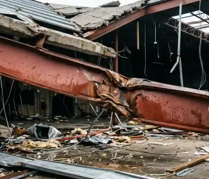 Structural steel I-beam with visible storm impact damage inside a Houston commercial building after a wind event